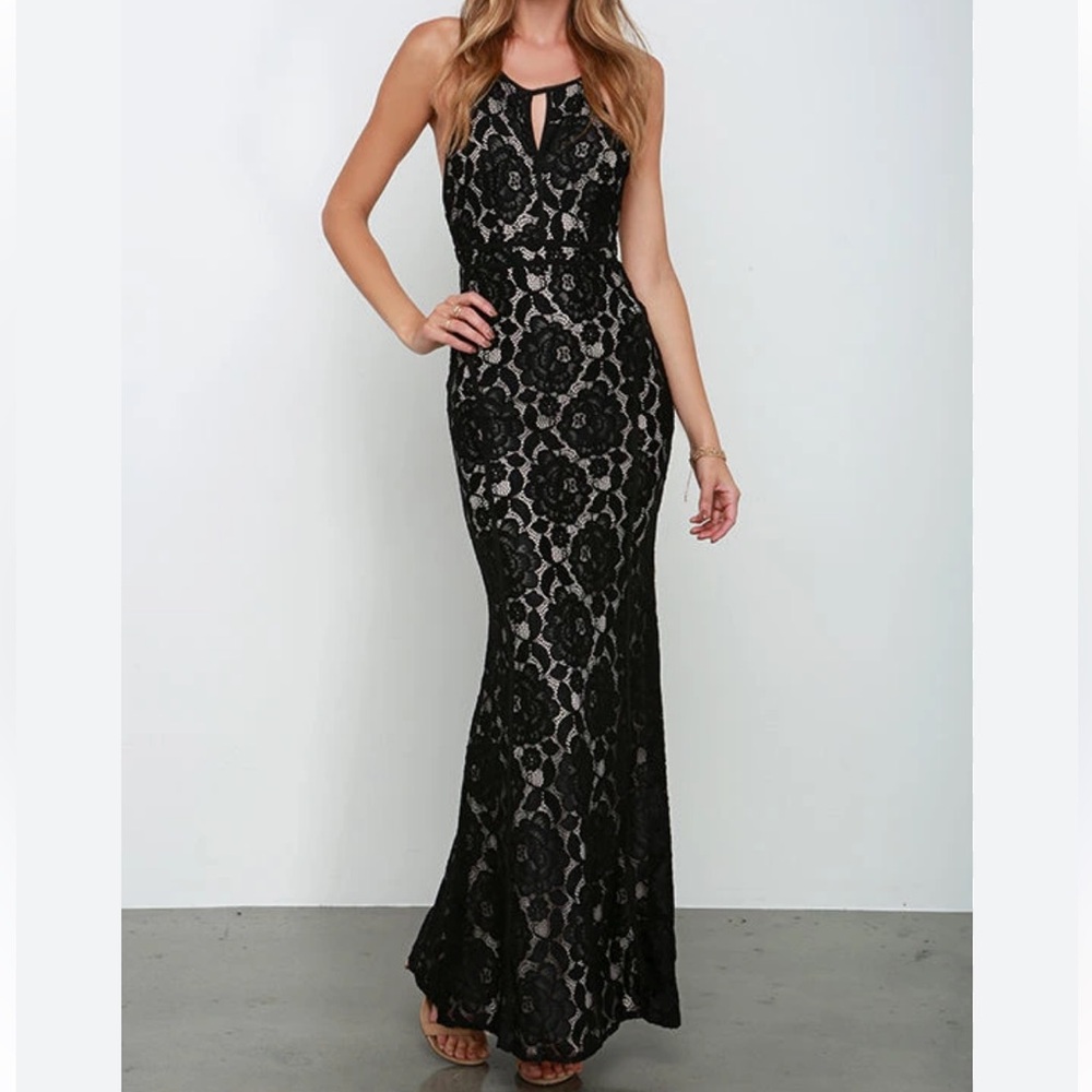 Maniju black lace halter maxi dress